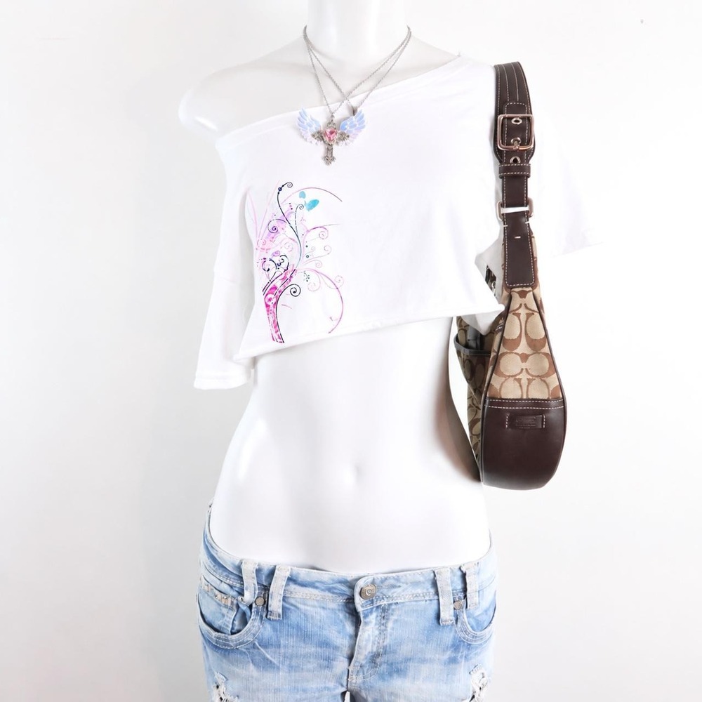 white y2k floral swirl one shoulder crop top